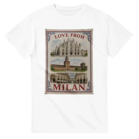 Framed scenic design for Milan, with several local views, a decorative border and LOVE FROM lettering.