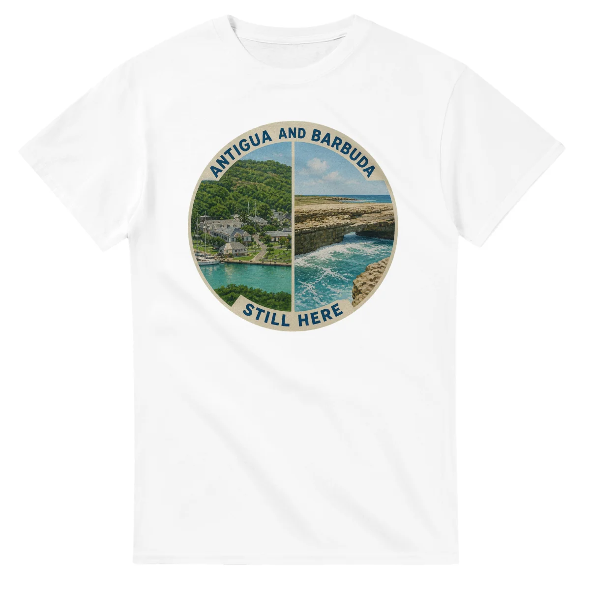 Painted, panelled scenic illustration for Antigua and Barbuda, with paired local scenes and the place name in lettering.