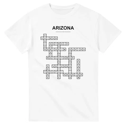 Monochrome crossword sheet for Arizona, with a large place-name heading, a letter grid, and numbered across and down clues.