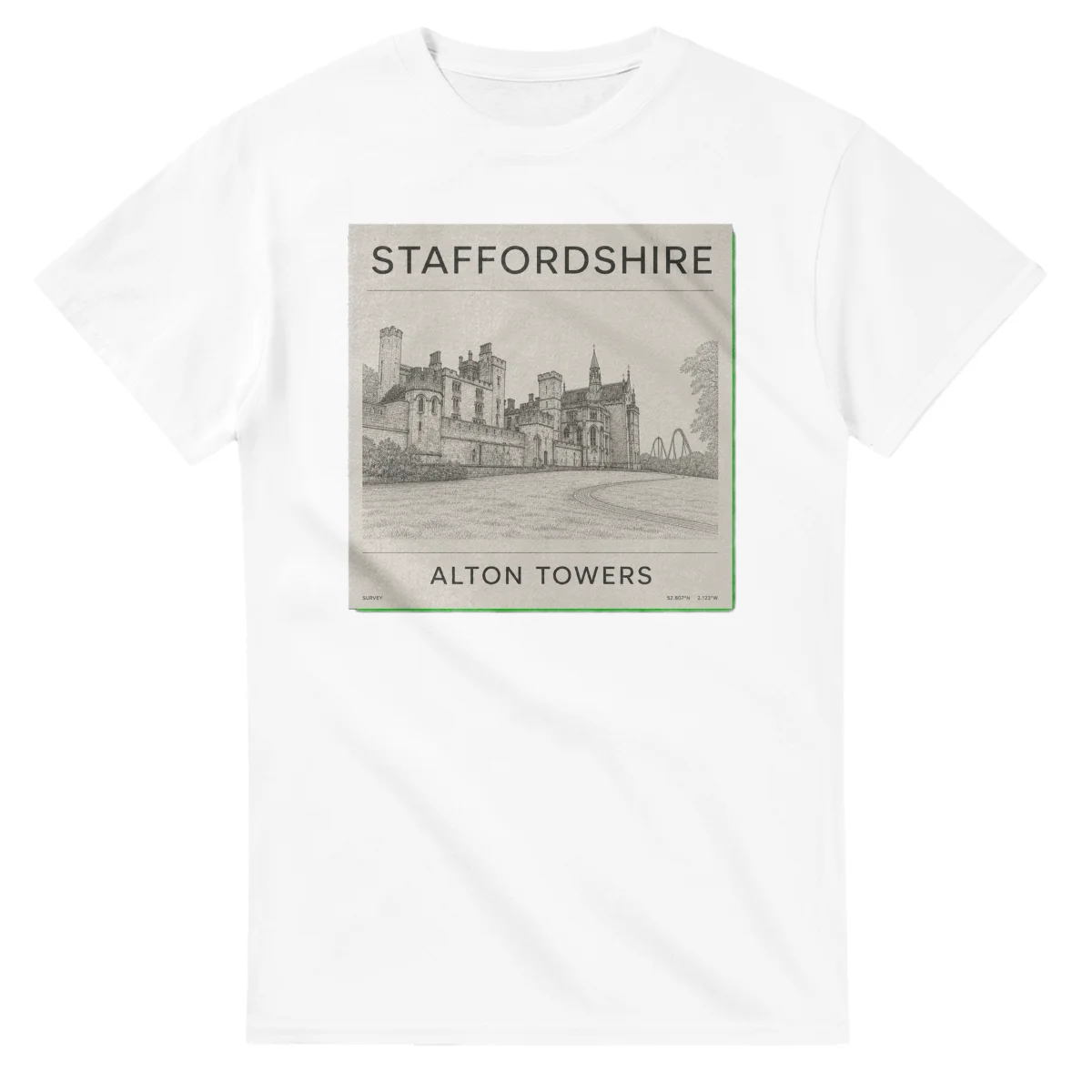 Fine-line scenic drawing for Staffordshire with “ALTON TOWERS” caption and small coordinate text.