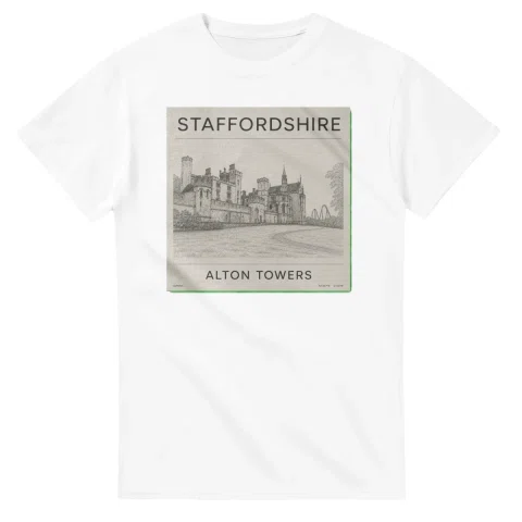Fine-line scenic drawing for Staffordshire with “ALTON TOWERS” caption and small coordinate text.