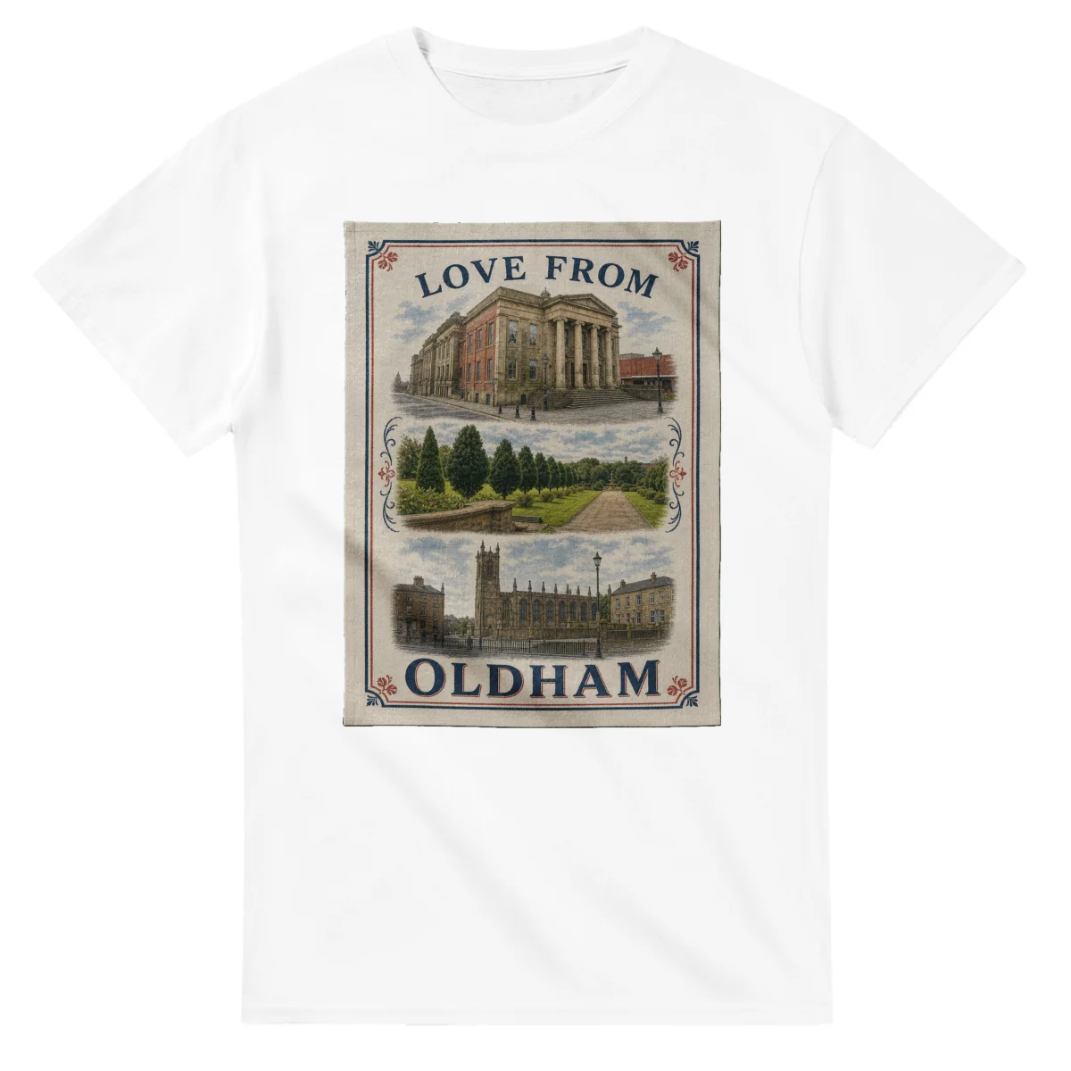 Framed scenic design for Oldham, with several local views, a decorative border and LOVE FROM lettering.