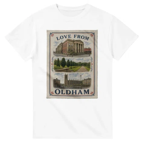 Framed scenic design for Oldham, with several local views, a decorative border and LOVE FROM lettering.