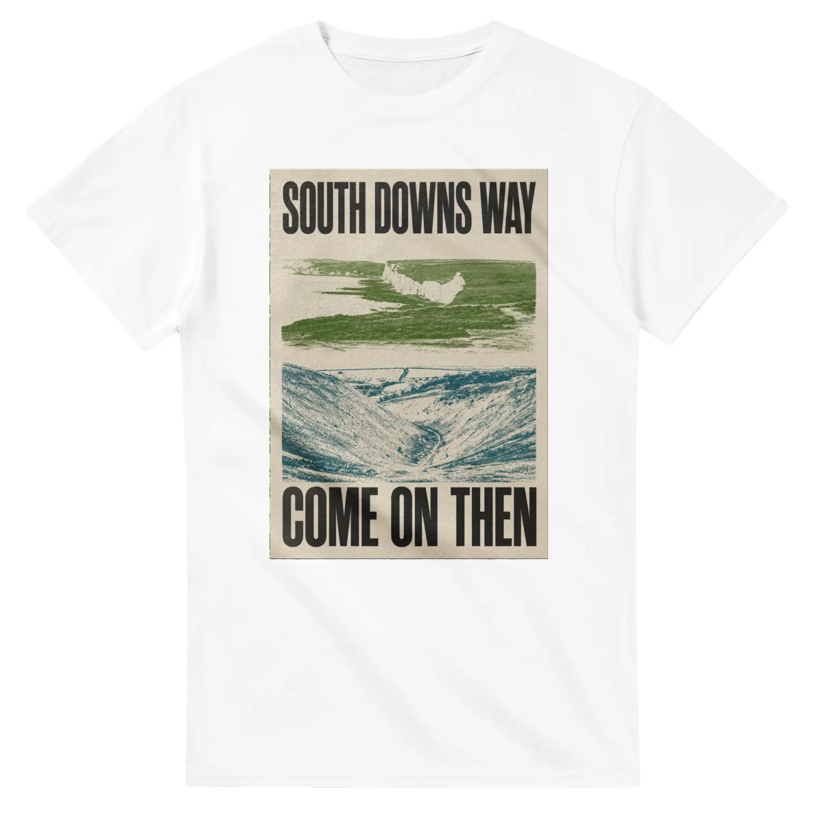 Two-colour scenic illustration for South Downs Way, with the place name and COME ON THEN lettering.