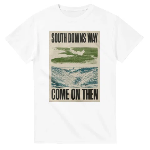 Two-colour scenic illustration for South Downs Way, with the place name and COME ON THEN lettering.