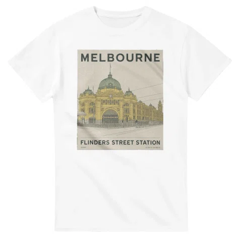 Fine-line engraving-style drawing for Melbourne, with a landmark caption and small coordinate text.