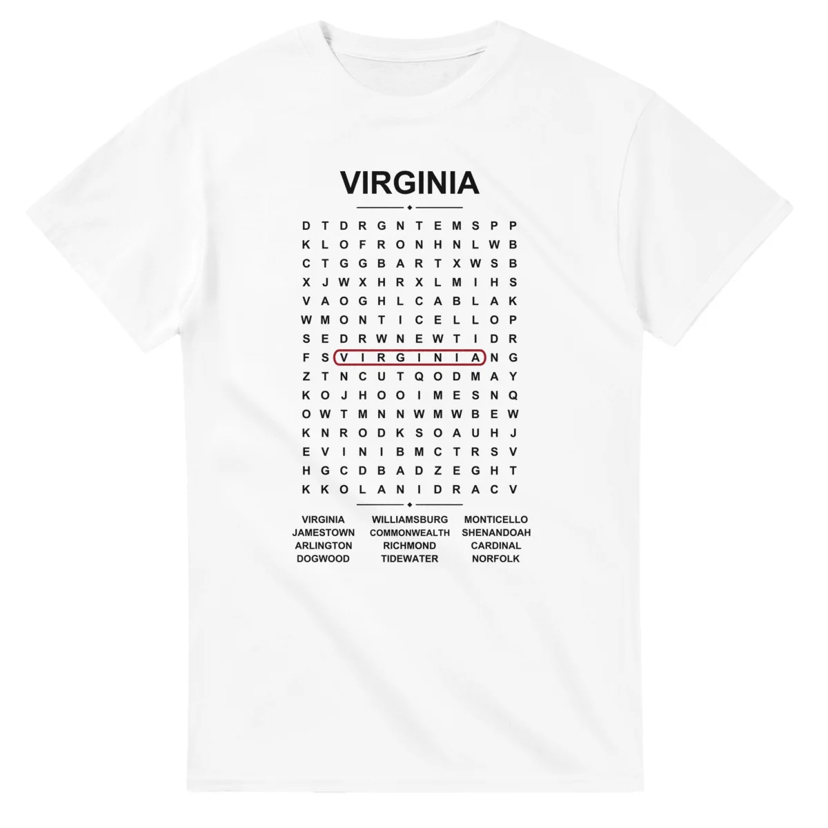 Word-search sheet for Virginia, with a large place-name heading, a letter grid, a local answer list, and a red highlighted example word.