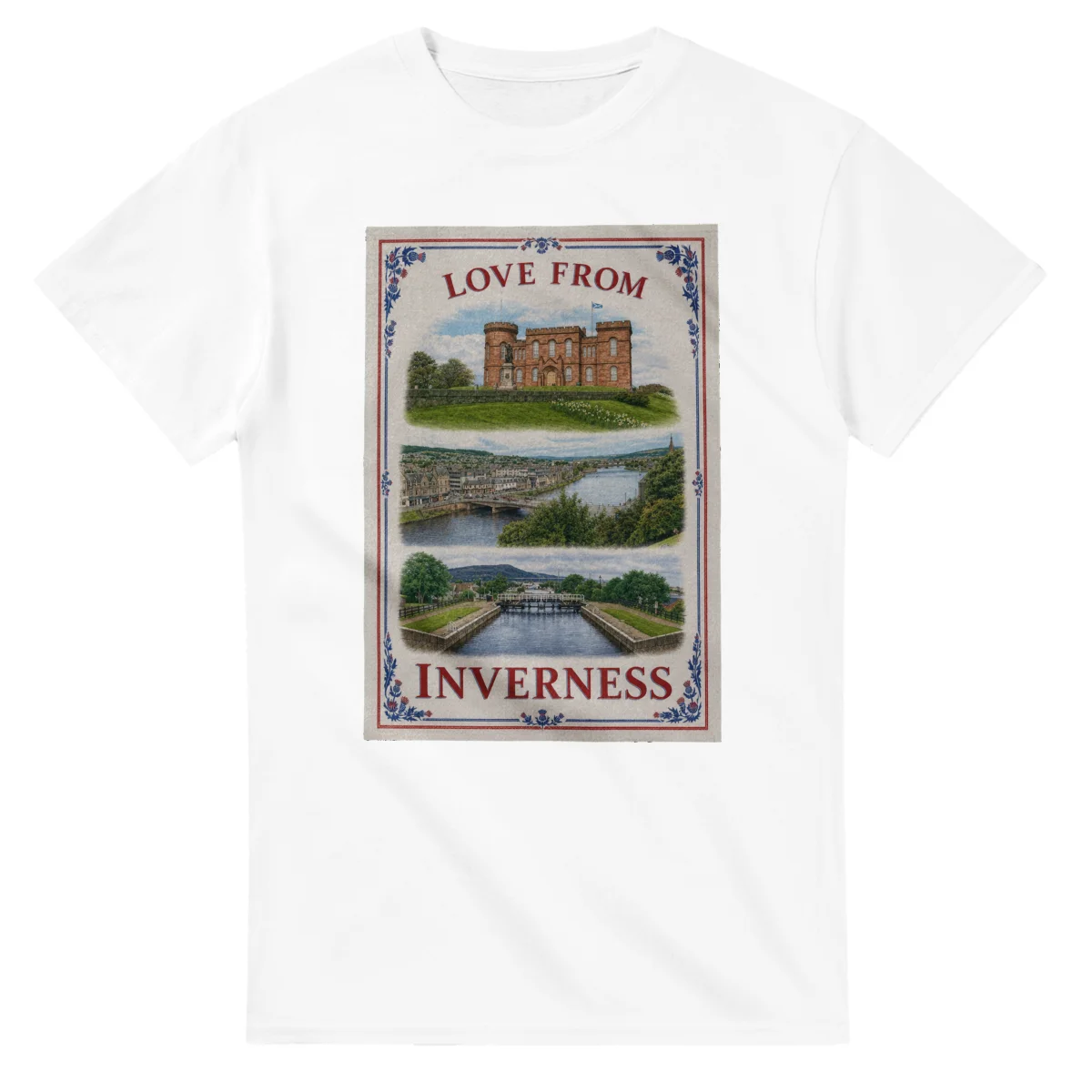 Framed scenic design for Inverness, with several local views, a decorative border and LOVE FROM lettering.