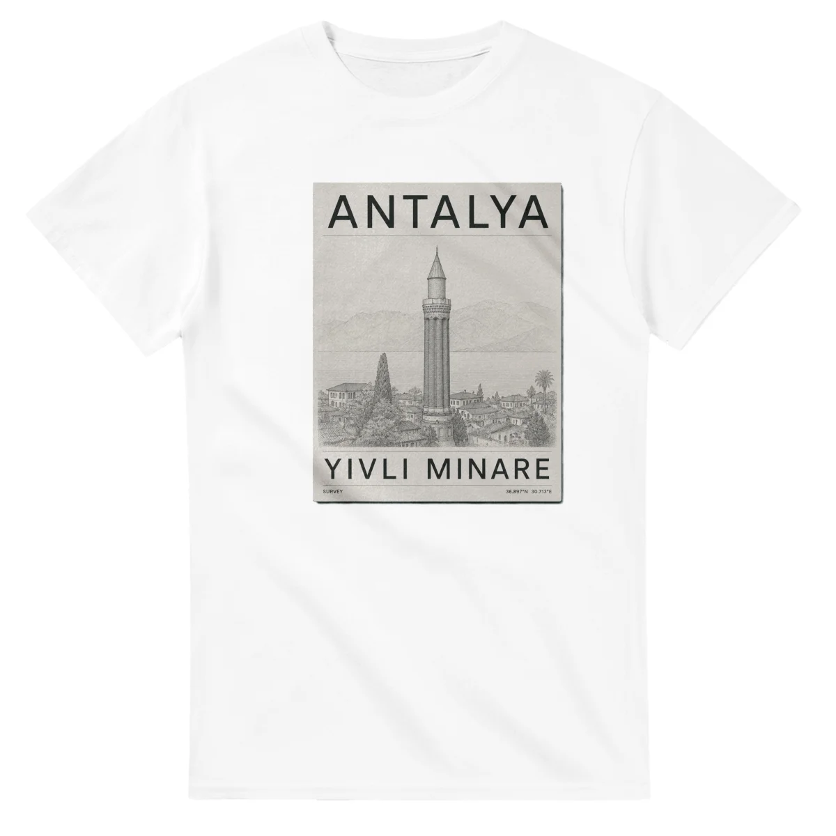 Fine-line engraving-style drawing for Antalya, with a landmark caption and small coordinate text.