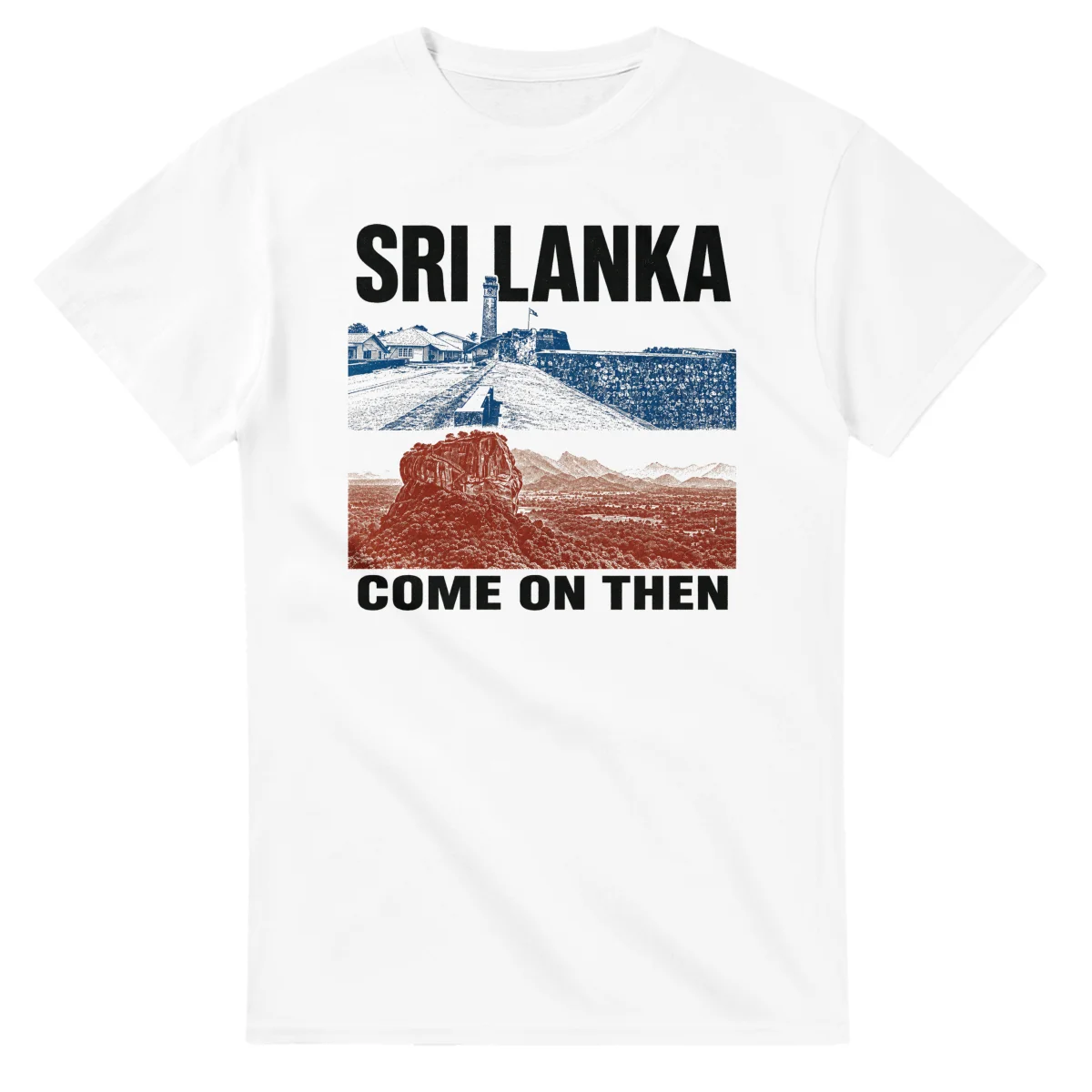 Two-colour scenic illustration for Sri Lanka, with the place name and COME ON THEN lettering.