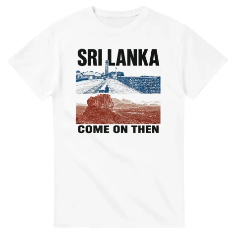Two-colour scenic illustration for Sri Lanka, with the place name and COME ON THEN lettering.