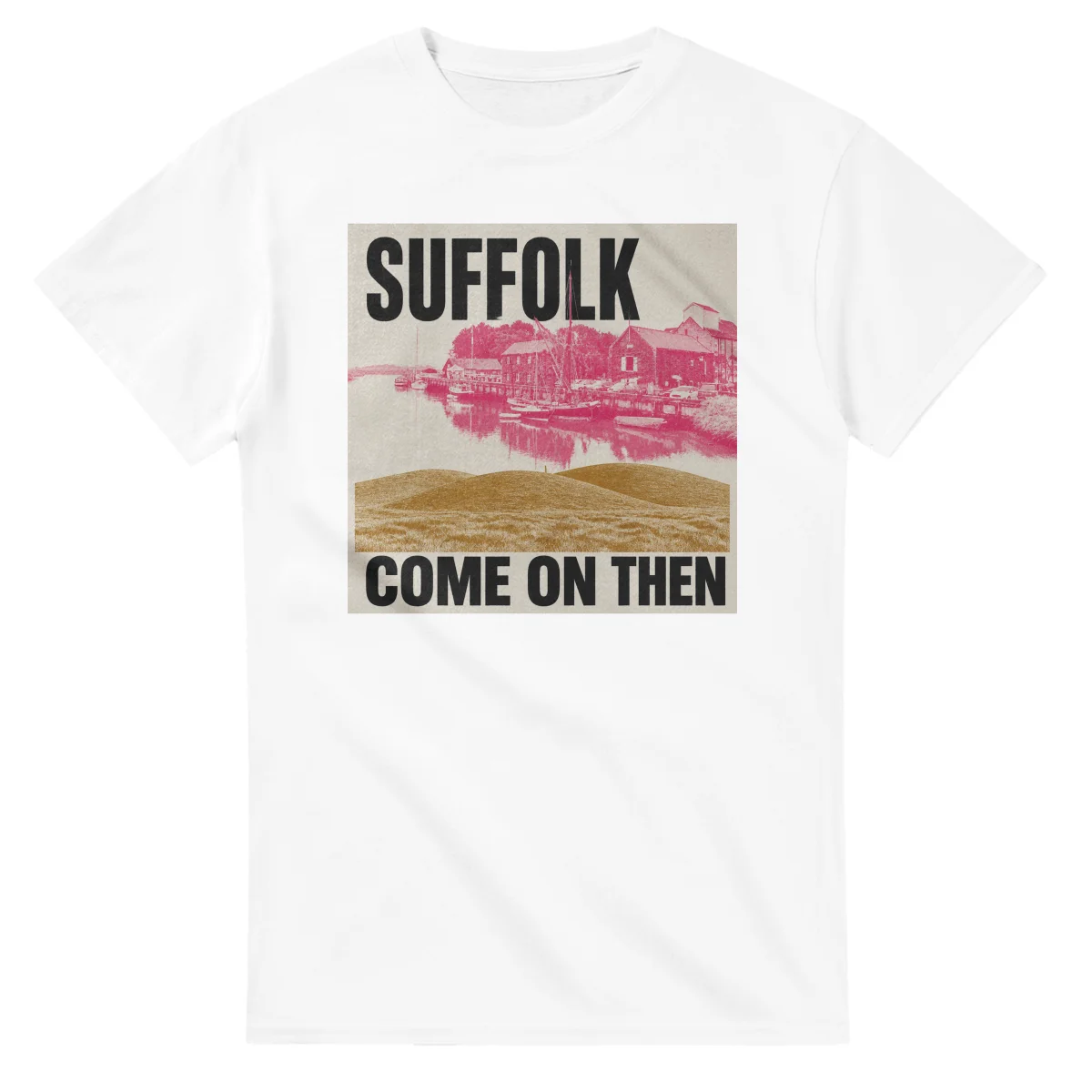 Two-colour scenic illustration for Suffolk, with the place name and COME ON THEN lettering.