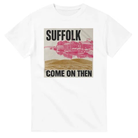Two-colour scenic illustration for Suffolk, with the place name and COME ON THEN lettering.