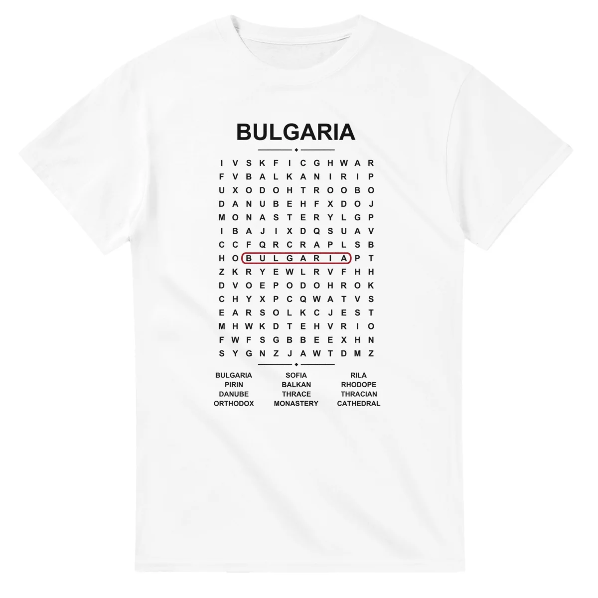Word-search sheet for Bulgaria, with a large place-name heading, a letter grid, a local answer list, and a red highlighted example word.