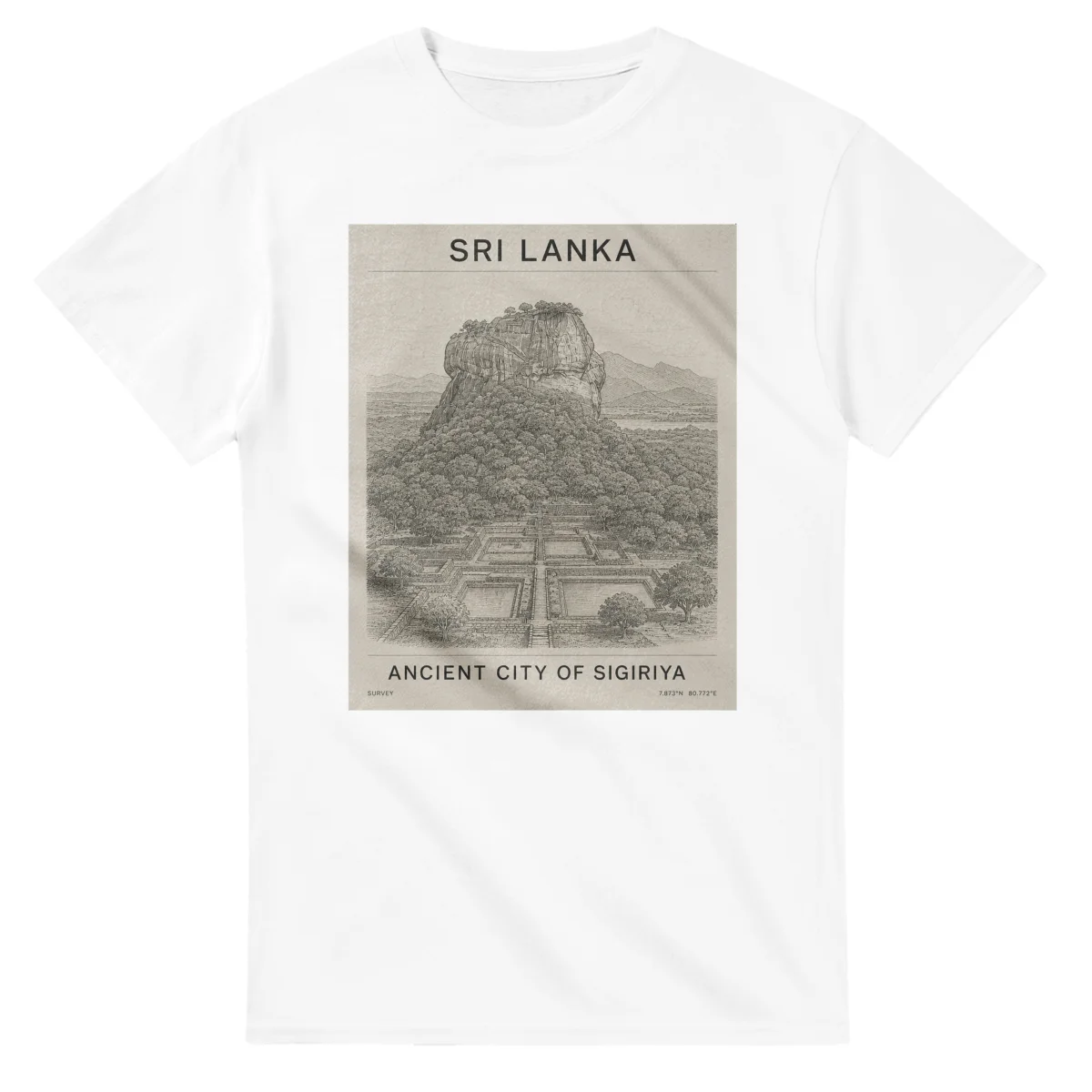 Fine-line engraving-style drawing for Sri Lanka, with a landmark caption and small coordinate text.
