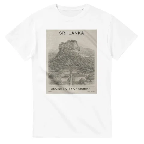 Fine-line engraving-style drawing for Sri Lanka, with a landmark caption and small coordinate text.