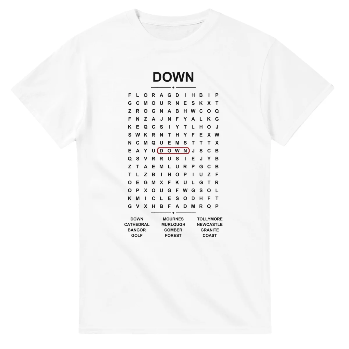 Word-search sheet for Down, with a large place-name heading, a letter grid, a local answer list, and a red highlighted example word.