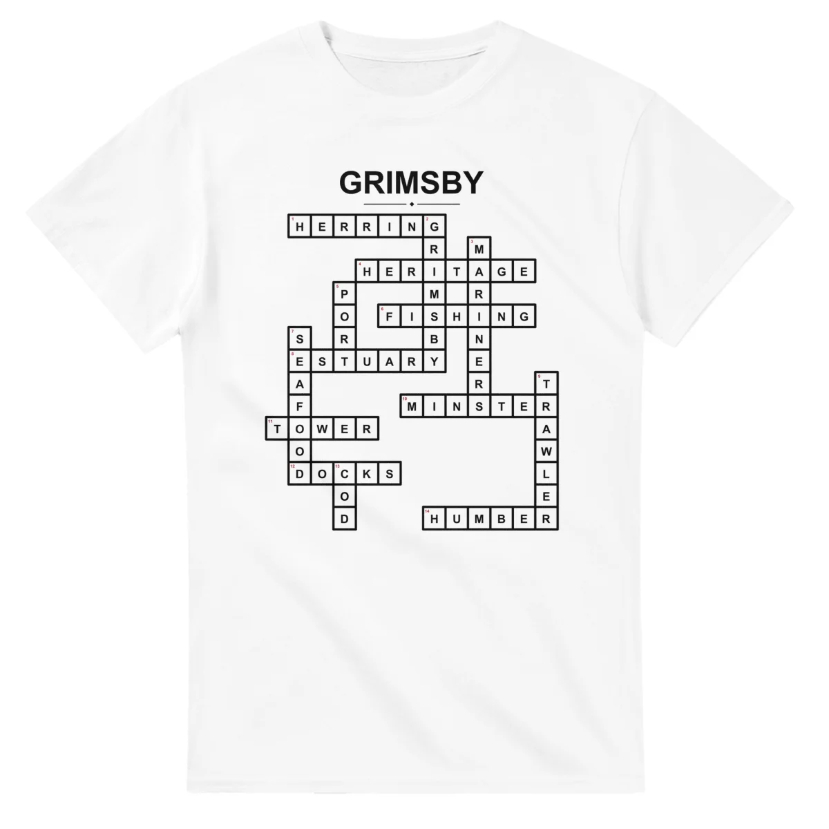 Monochrome crossword sheet for Grimsby, with a large place-name heading, a letter grid, and numbered across and down clues.