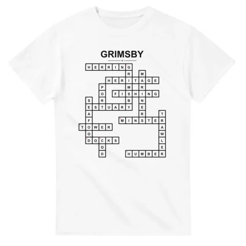 Monochrome crossword sheet for Grimsby, with a large place-name heading, a letter grid, and numbered across and down clues.