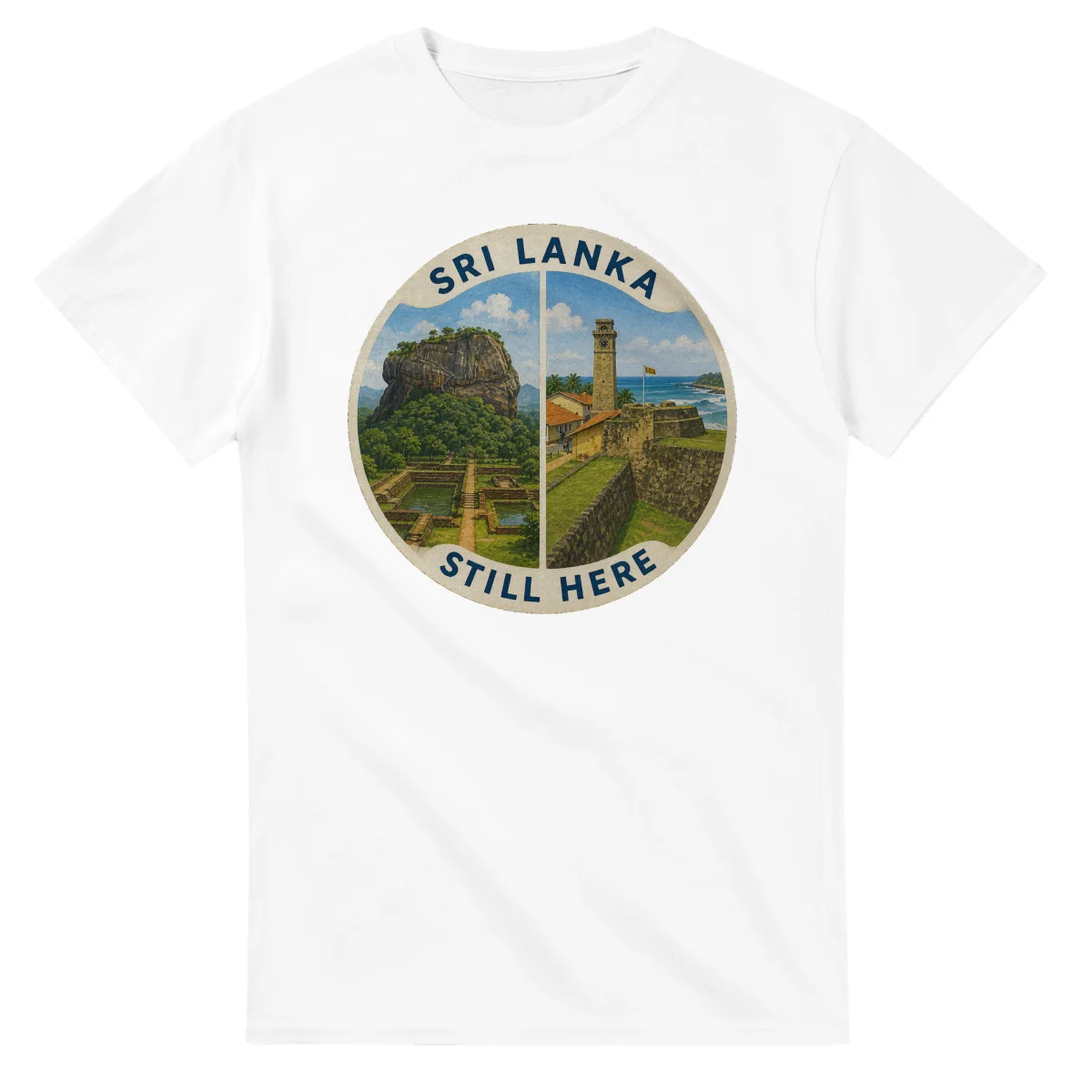 Painted, panelled scenic illustration for Sri Lanka, with paired local scenes and the place name in lettering.