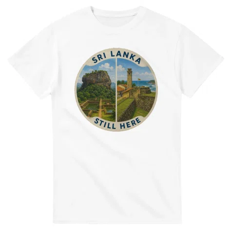 Painted, panelled scenic illustration for Sri Lanka, with paired local scenes and the place name in lettering.