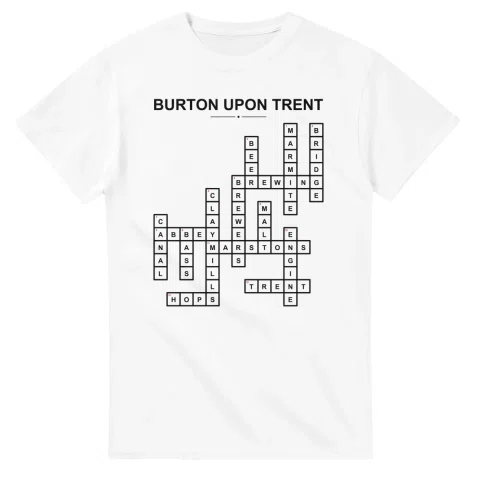 Monochrome crossword sheet for Burton upon Trent, with a large place-name heading, a letter grid, and numbered across and down clues.