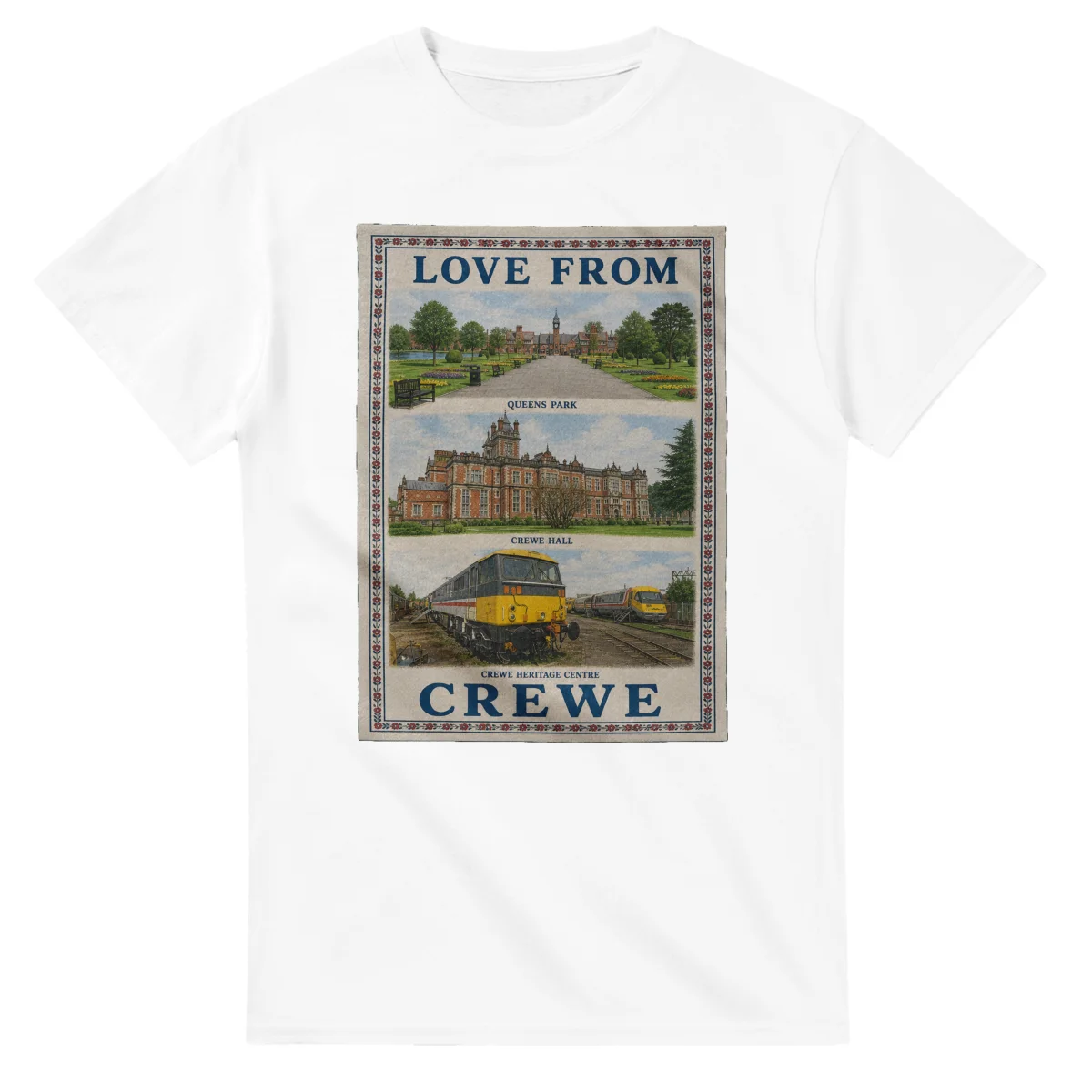 Framed scenic design for Crewe, with several local views, a decorative border and LOVE FROM lettering.