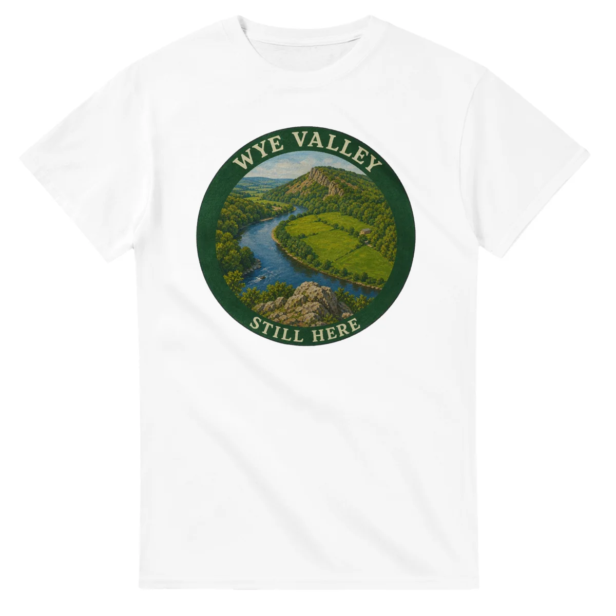 Painted, panelled scenic illustration for Wye Valley, with paired local scenes and the place name in lettering.