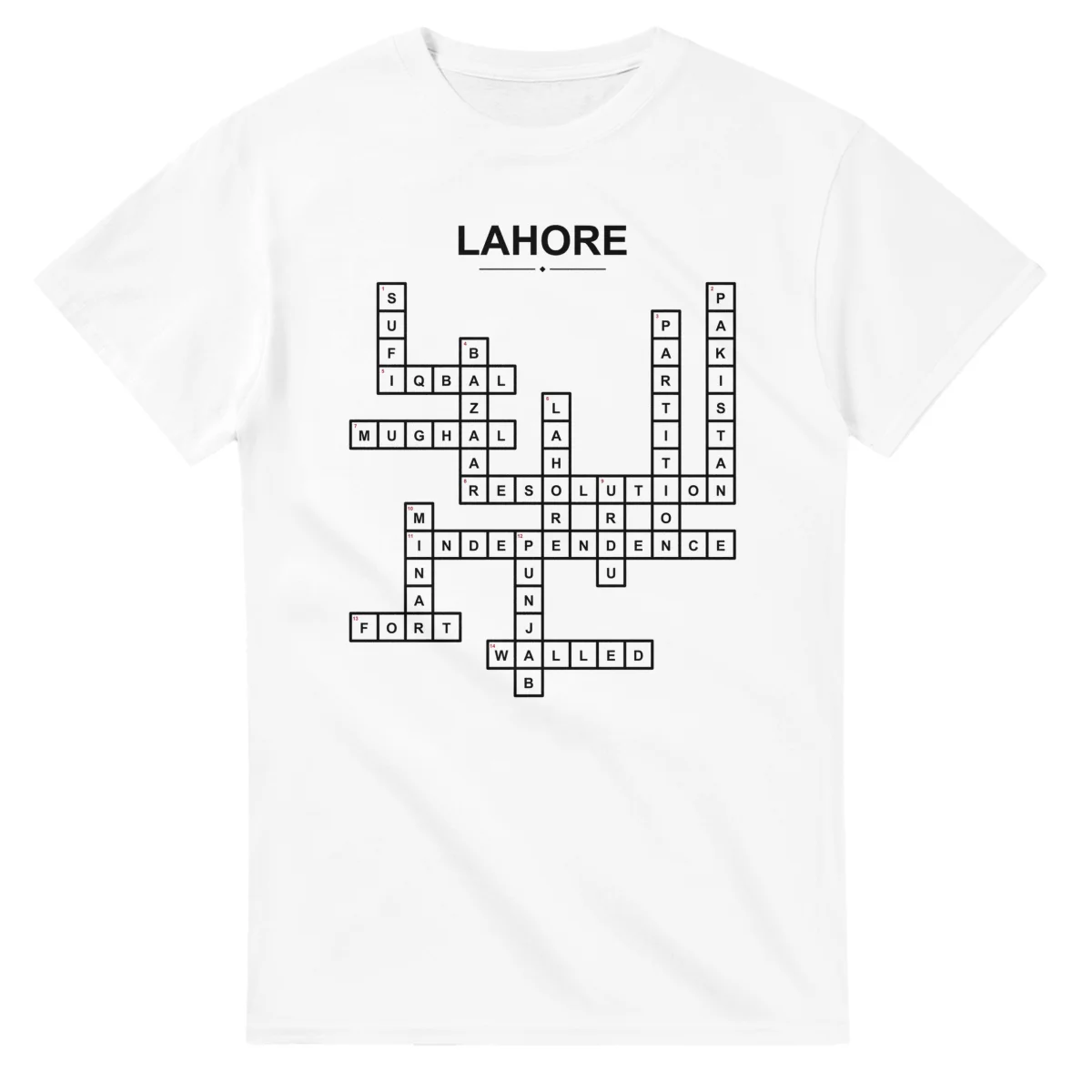 Monochrome crossword sheet for Lahore, with a large place-name heading, a letter grid, and numbered across and down clues.