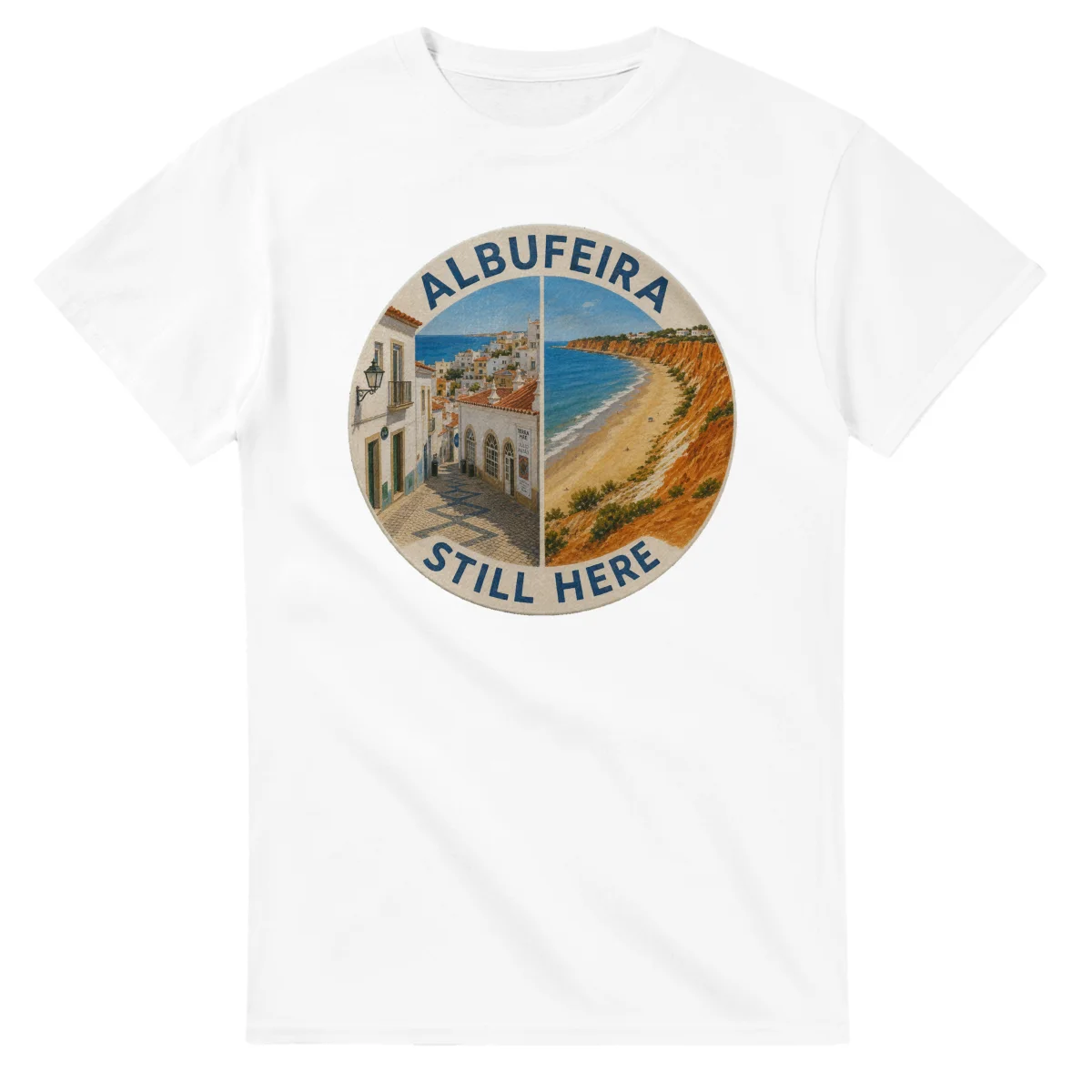 Painted, panelled scenic illustration for Albufeira, with paired local scenes and the place name in lettering.