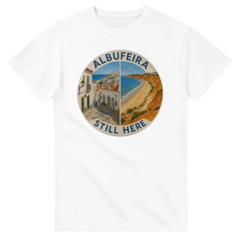 Painted, panelled scenic illustration for Albufeira, with paired local scenes and the place name in lettering.