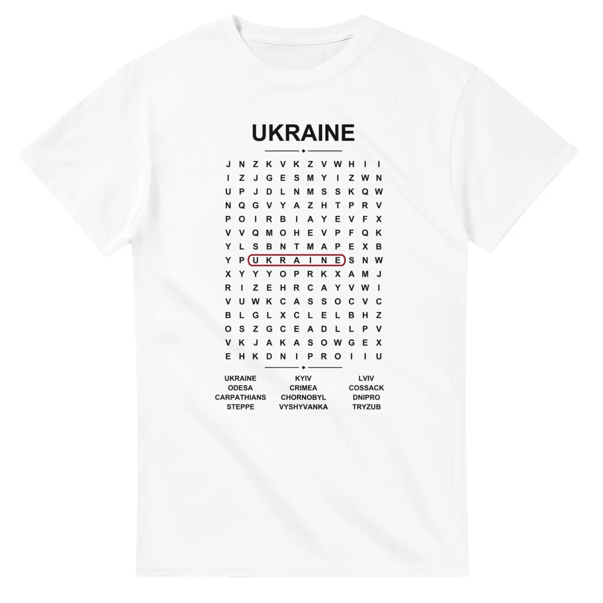 Word-search sheet for Ukraine, with a large place-name heading, a letter grid, a local answer list, and a red highlighted example word.