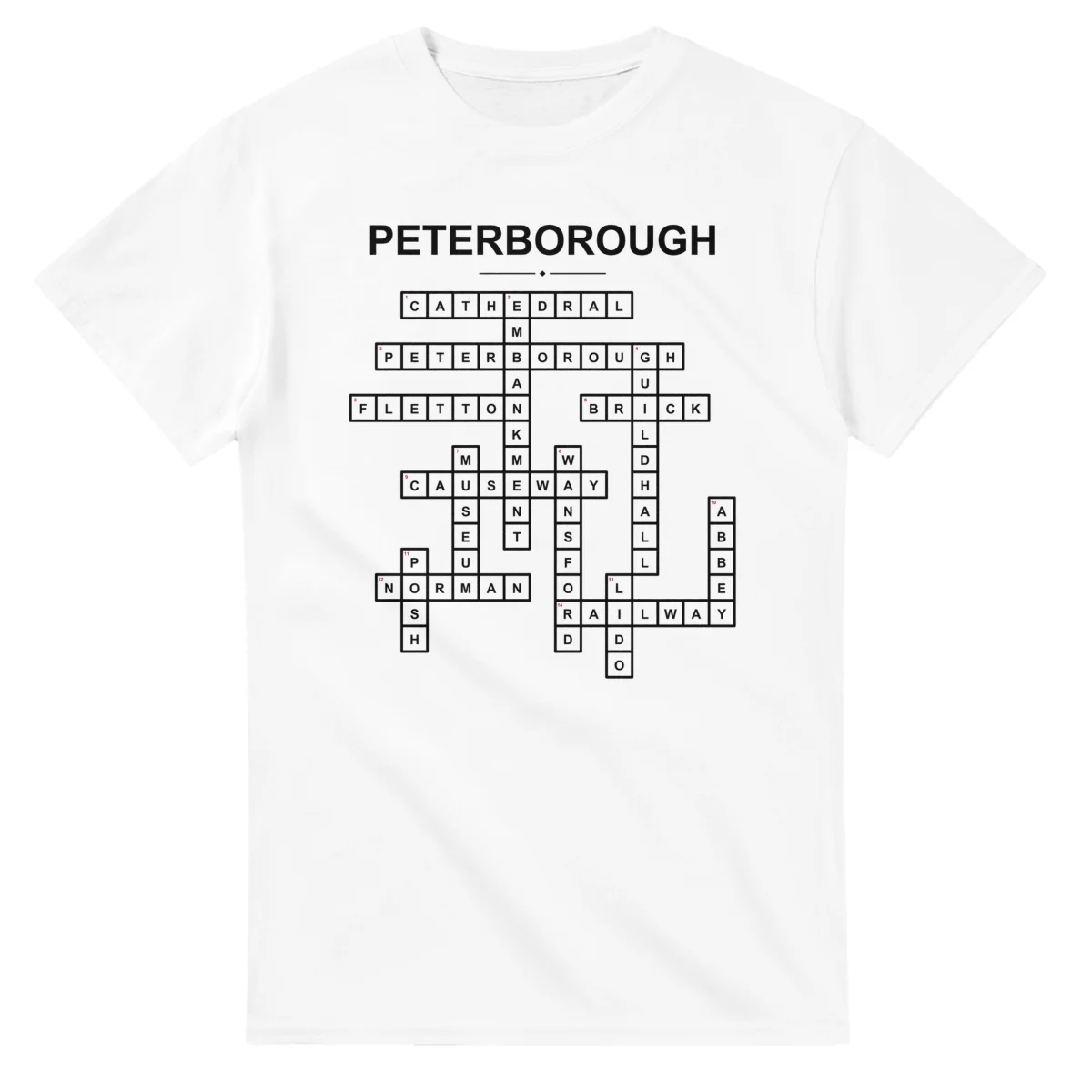 Monochrome crossword sheet for Peterborough, with a large place-name heading, a letter grid, and numbered across and down clues.