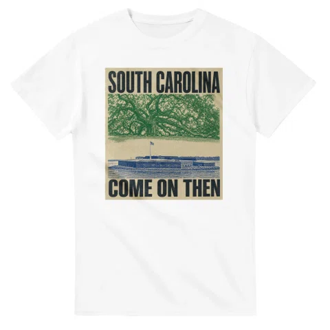 Two-colour scenic illustration for South Carolina, with the place name and COME ON THEN lettering.
