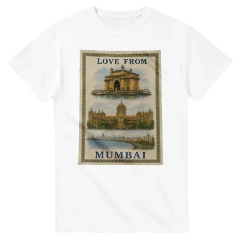 Framed scenic design for Mumbai, with several local views, a decorative border and LOVE FROM lettering.