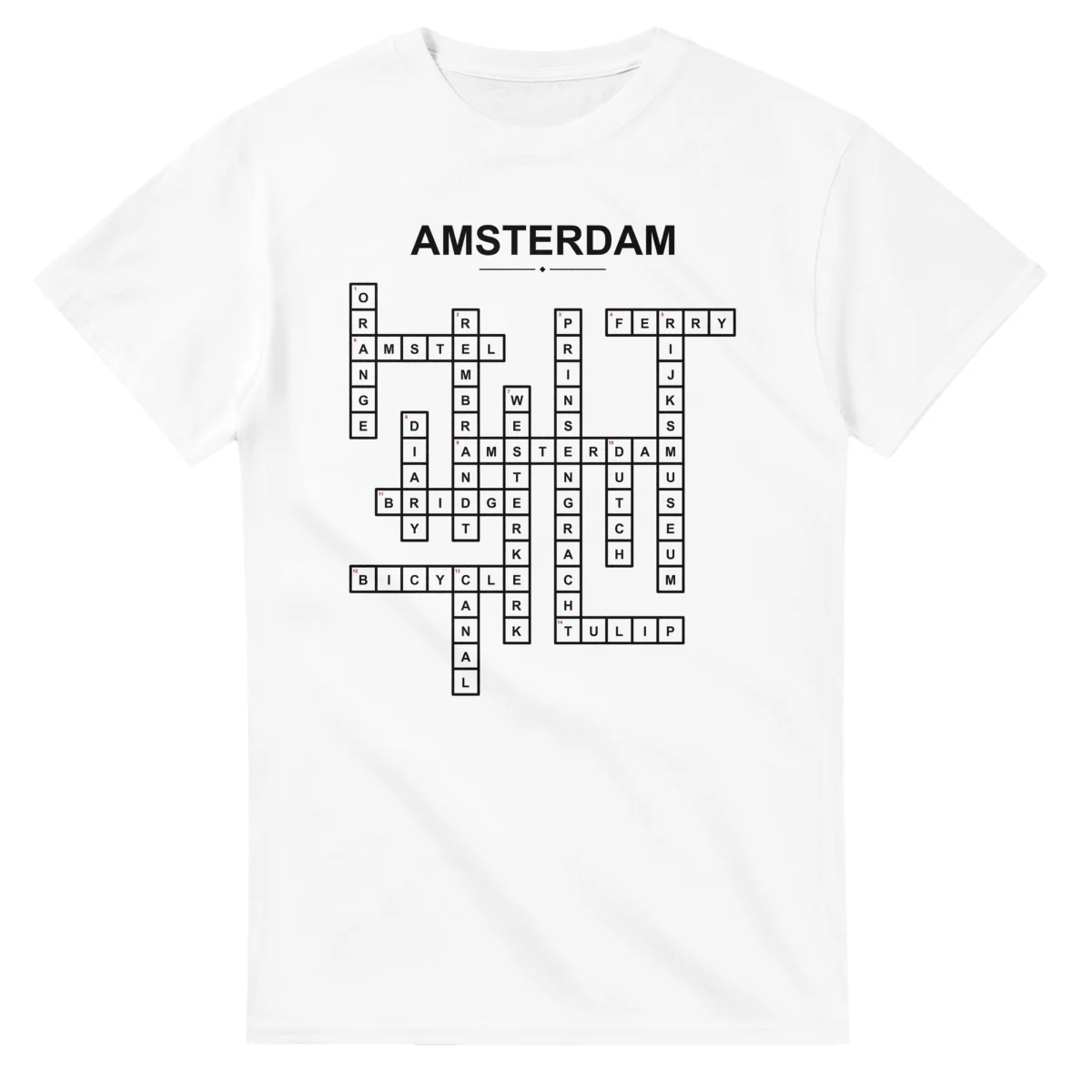Monochrome crossword sheet for Amsterdam, with a large place-name heading, a letter grid, and numbered across and down clues.
