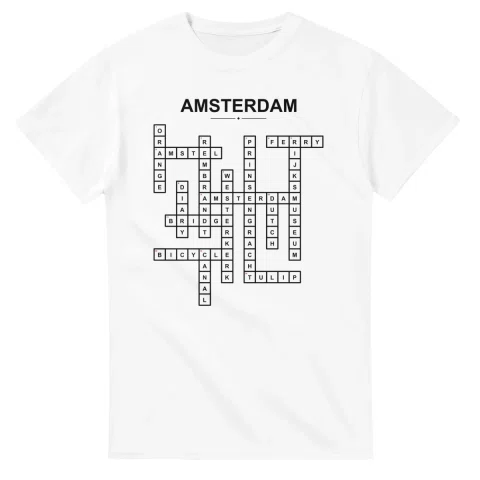 Monochrome crossword sheet for Amsterdam, with a large place-name heading, a letter grid, and numbered across and down clues.
