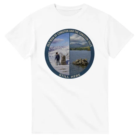 Painted, panelled scenic illustration for Old Man of Coniston, with paired local scenes and the place name in lettering.
