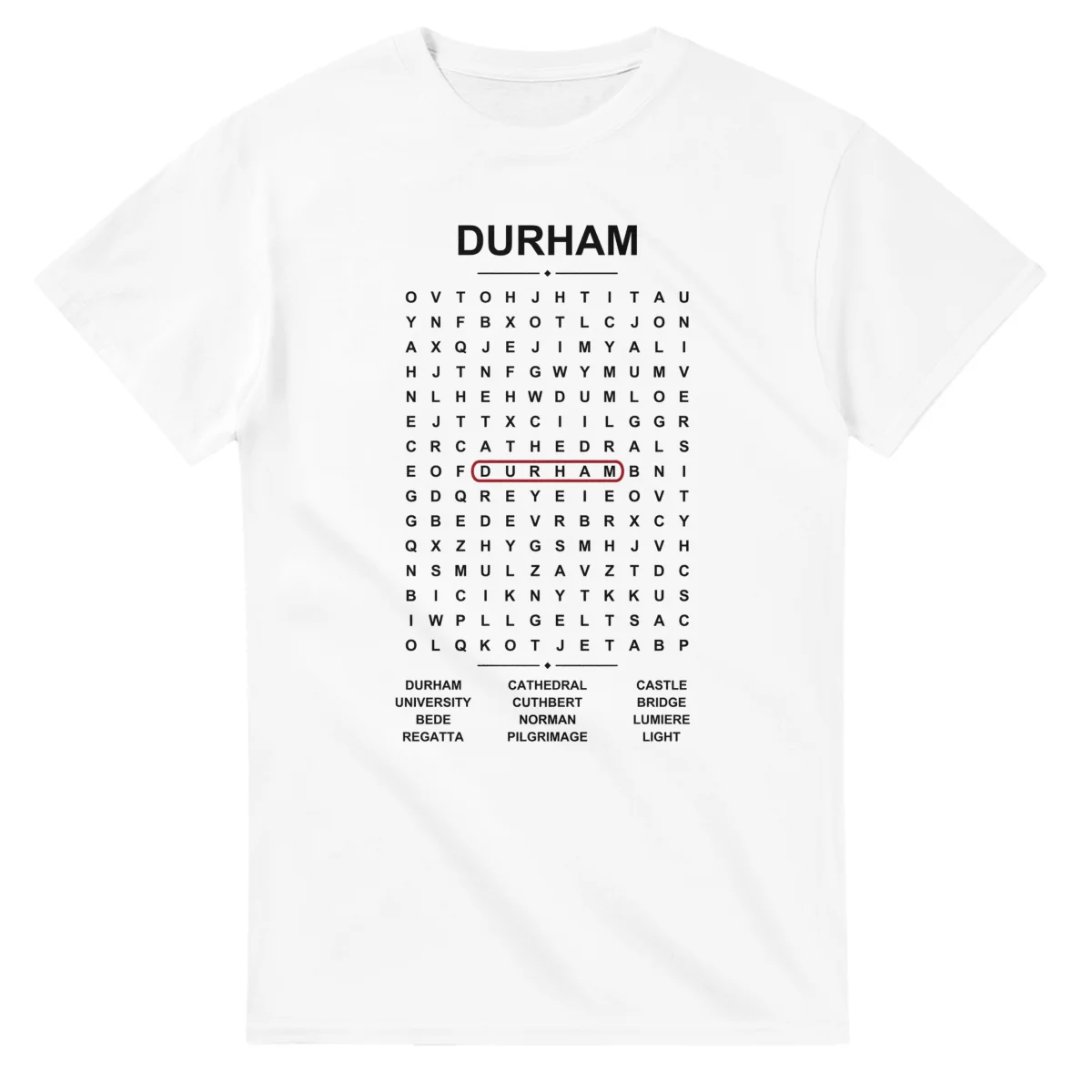 Word-search sheet for Durham, with a large place-name heading, a letter grid, a local answer list, and a red highlighted example word.