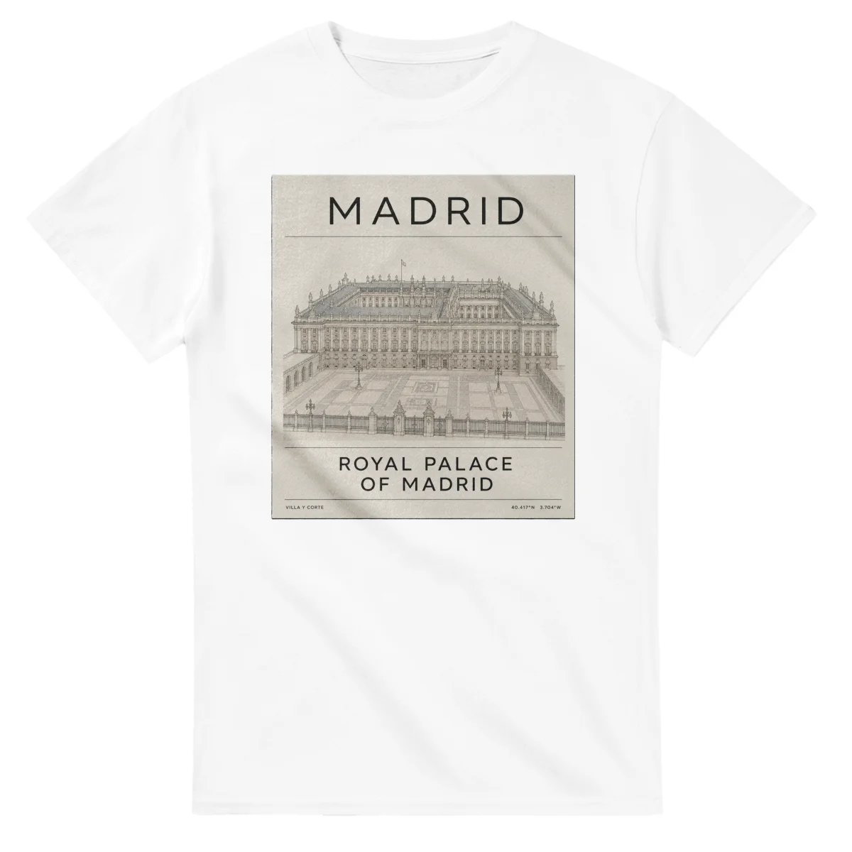 Fine-line engraving-style drawing for Madrid, with a landmark caption and small coordinate text.