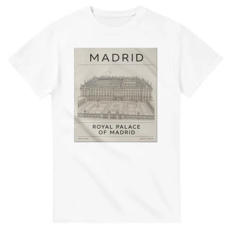 Fine-line engraving-style drawing for Madrid, with a landmark caption and small coordinate text.