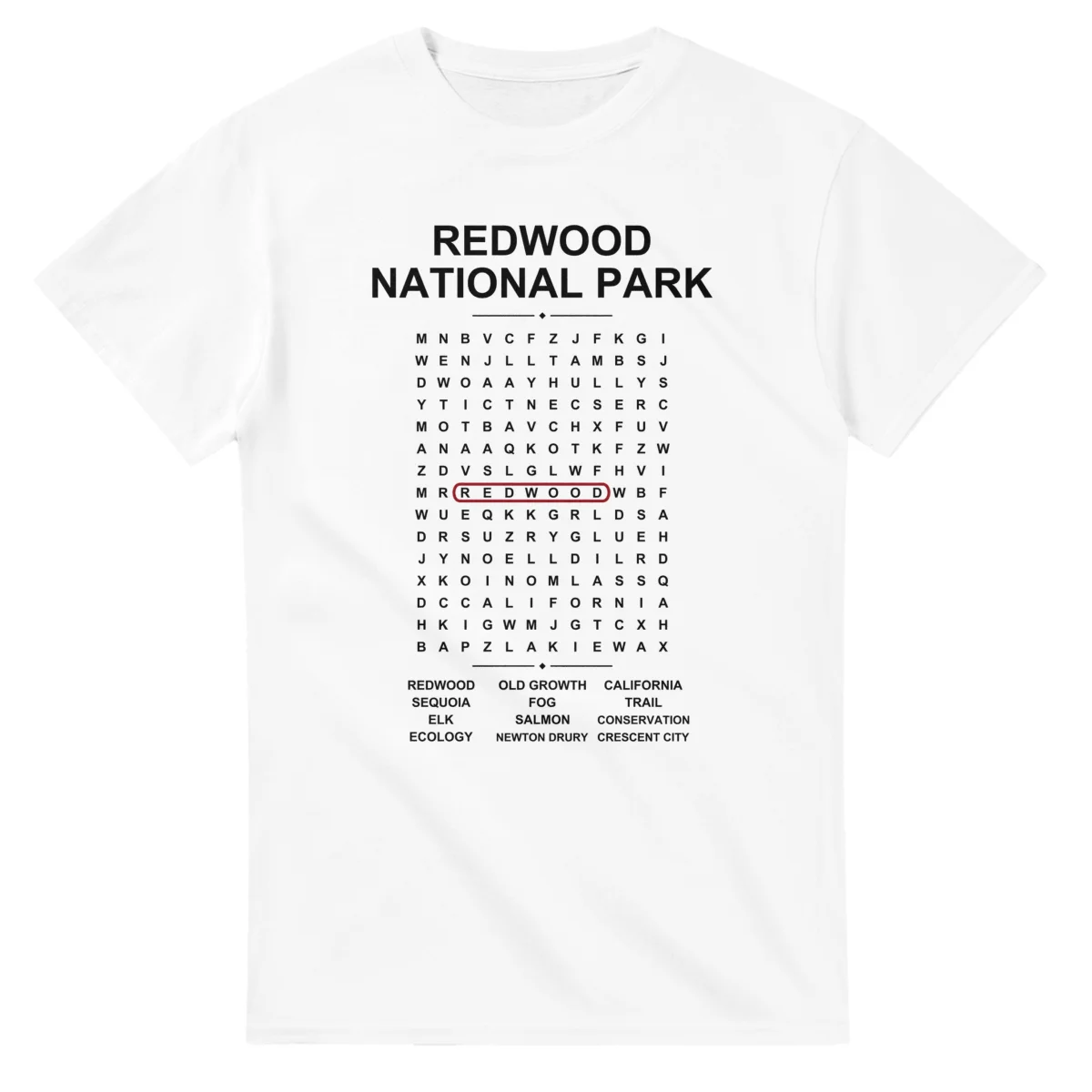 Word-search sheet for Redwood National Park, with a large place-name heading, a letter grid, a local answer list, and a red highlighted example word.