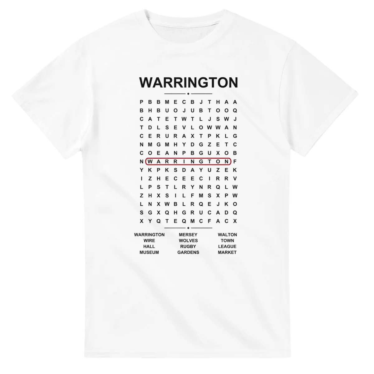 Word-search sheet for Warrington, with a large place-name heading, a letter grid, a local answer list, and a red highlighted example word.