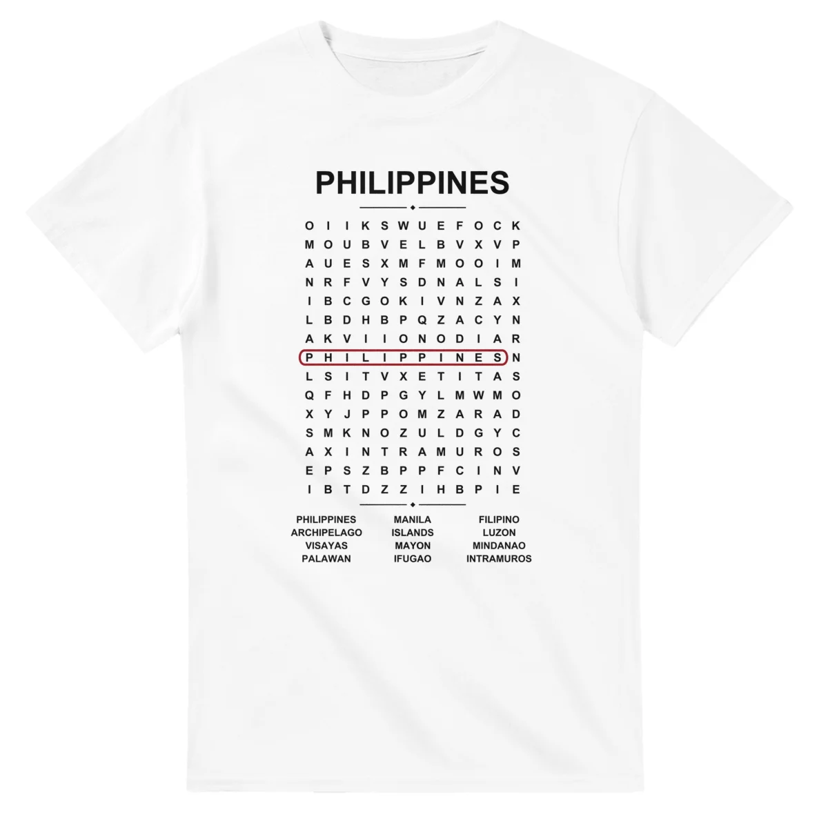 Word-search sheet for The Philippines, with a large place-name heading, a letter grid, a local answer list, and a red highlighted example word.