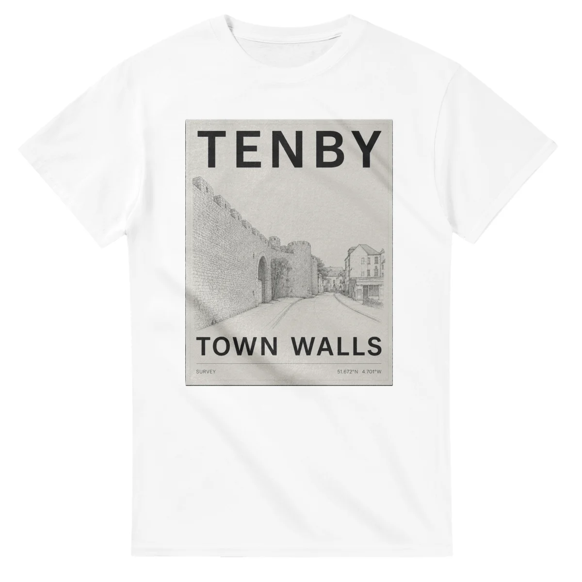 Fine-line engraving-style drawing for Tenby, with a landmark caption and small coordinate text.