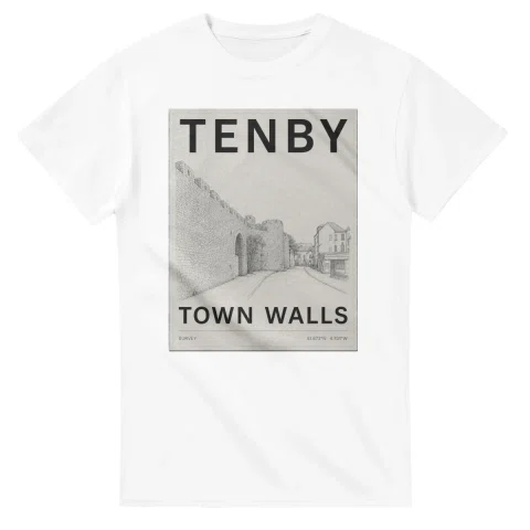 Fine-line engraving-style drawing for Tenby, with a landmark caption and small coordinate text.