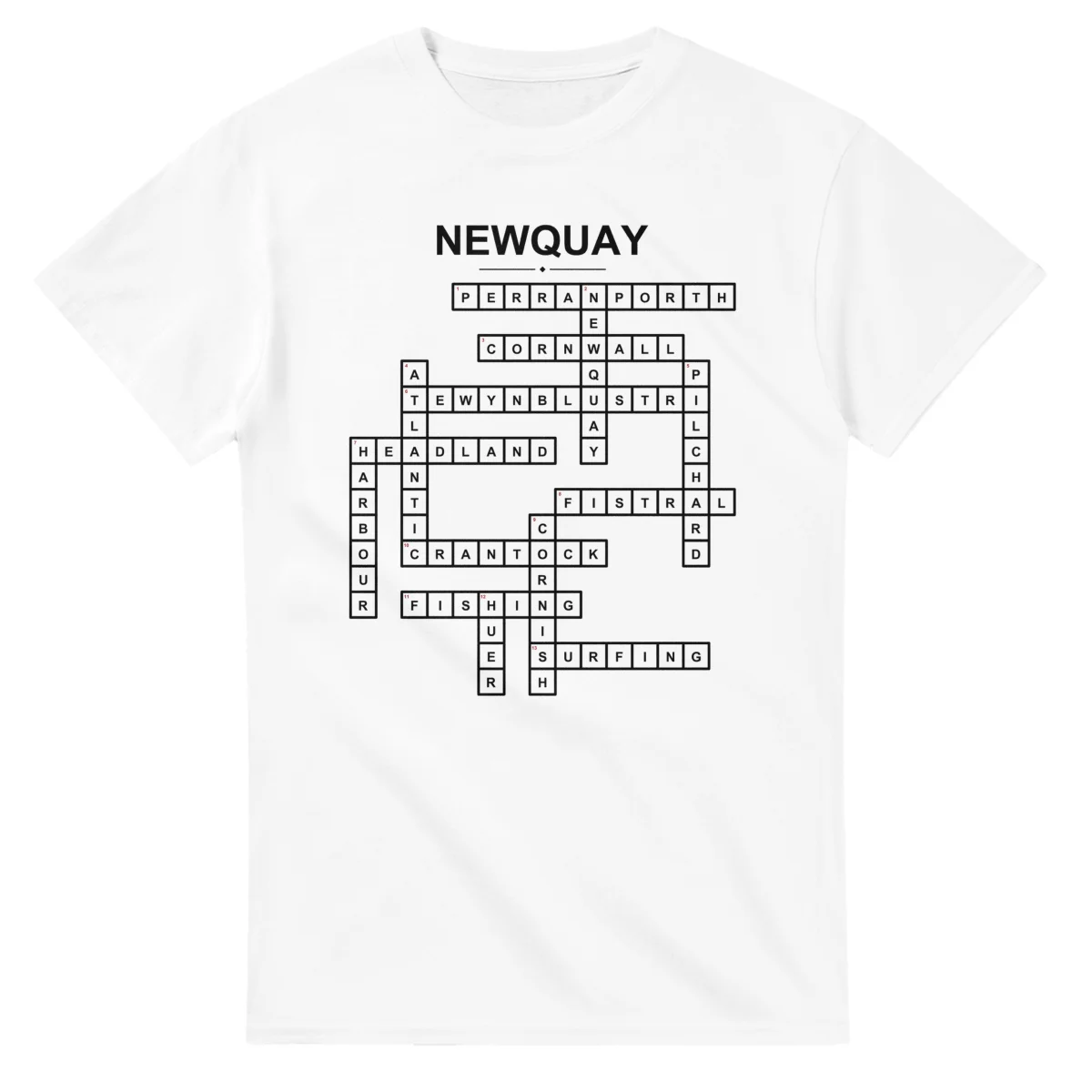 Monochrome crossword sheet for Newquay, with a large place-name heading, a letter grid, and numbered across and down clues.