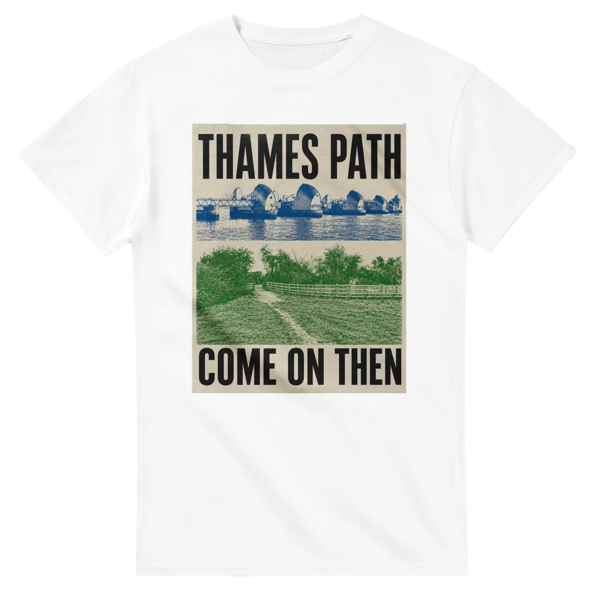 Two-colour scenic illustration for Thames Path, with the place name and COME ON THEN lettering.