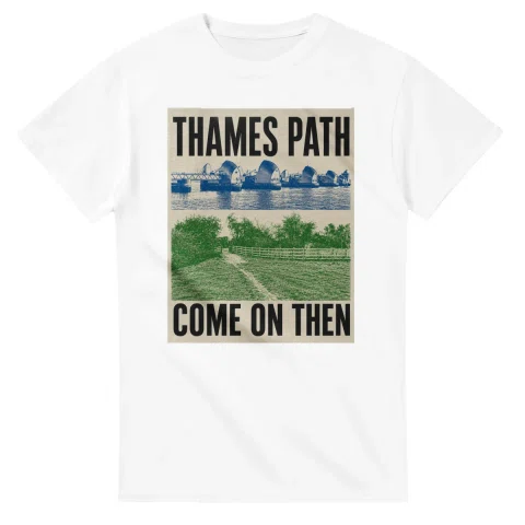 Two-colour scenic illustration for Thames Path, with the place name and COME ON THEN lettering.