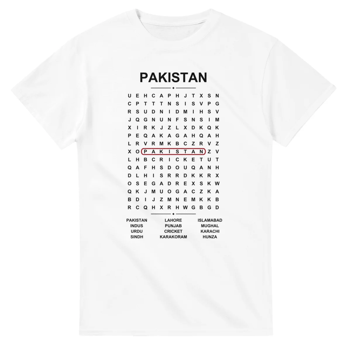 Word-search sheet for Pakistan, with a large place-name heading, a letter grid, a local answer list, and a red highlighted example word.